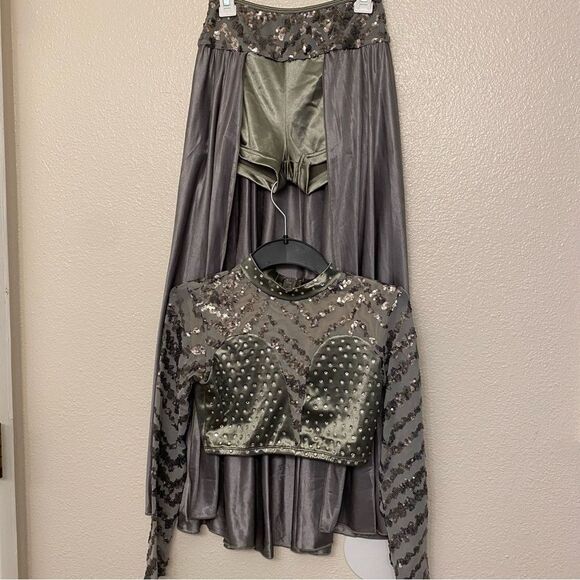Glamour solo dance costume custom silver gray 2 piece maxi skirt crop top XLC - Picture 1 of 15